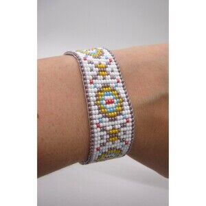 Loom Beaded Bracelet White, Purple & Yellow Print